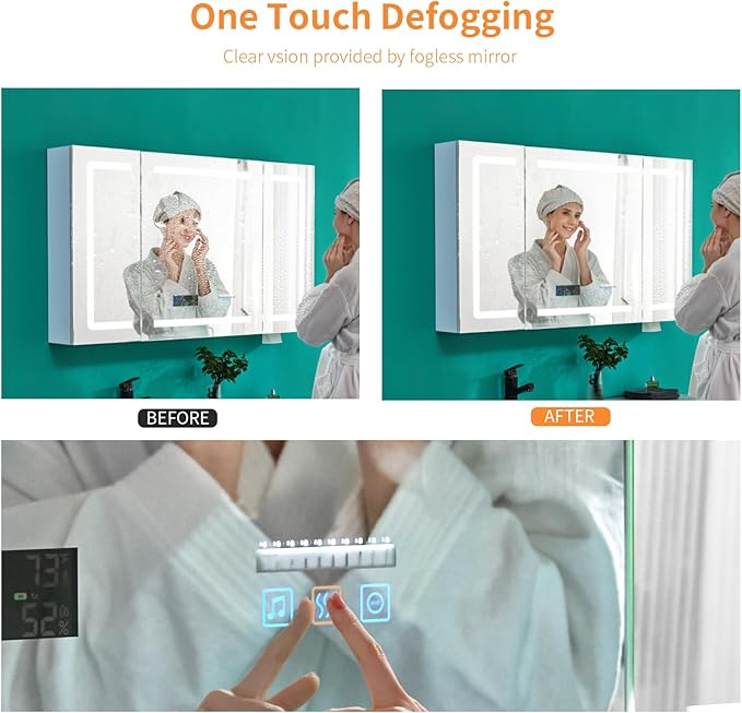 FCH LED Medicine Cabinet with Smart Mirror, 48" Wide Bathroom Medicine Cabinet with Bluetooth& Speaker, Clock, Room Temp Display, Defog, Stepless Dimming, 3-Color Temper Change, Outlets & USBs