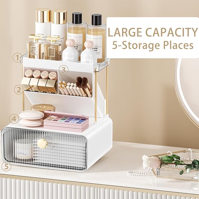 Makeup Organizer with Drawer for Vanity, 2 Tier 5 Zones Cosmetic Display Case Detachable, Cosmetic Storage Perfume Shelf for Bathroom Counter, Perfect Storage Solution for Your Beauty Essential(Clear)