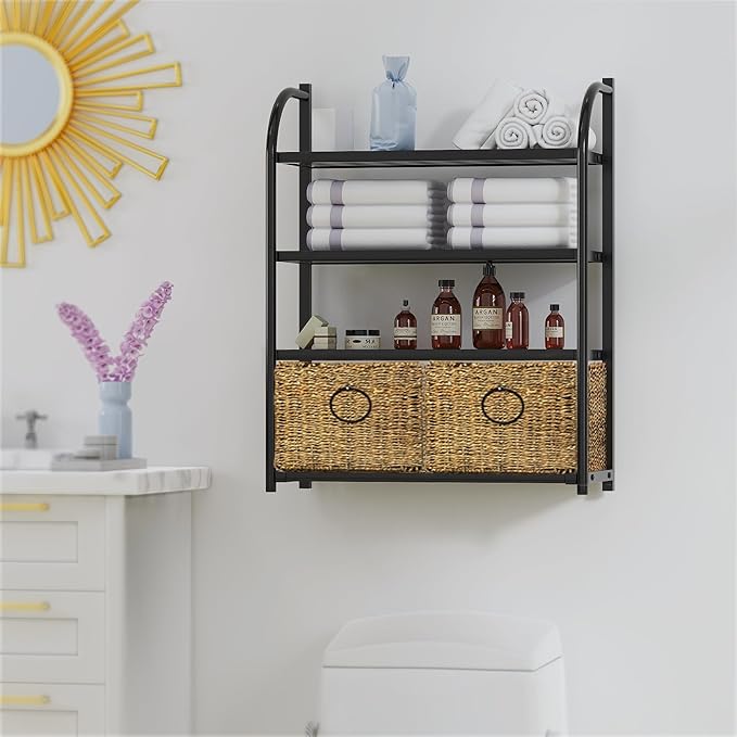 Zhongma Wall Mounted Metal Bathroom Shelves with 2 Baskets, 4-Tier Bathroom Organizer and Storage Over Toilet, Slate and Weave