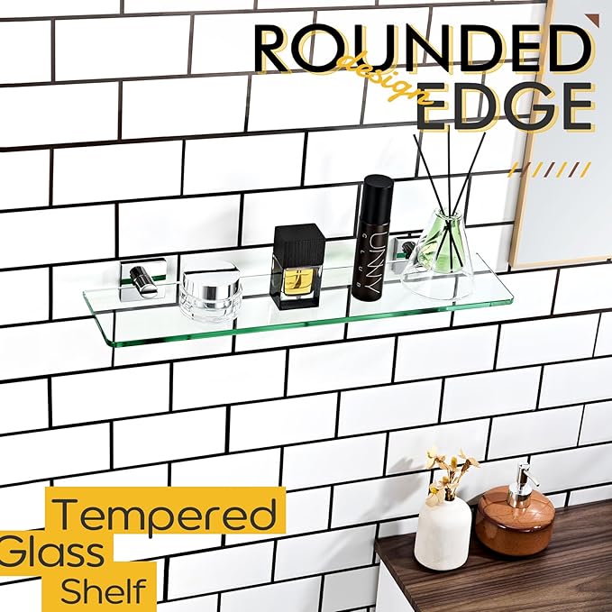 KOKOSIRI Bathroom Shelves Wall Mounted 20-Inch Floating Glass Shelf Kitchen Hanging Rack for Shower Storage Decor, Polished Stainless Steel B1107CH-L20
