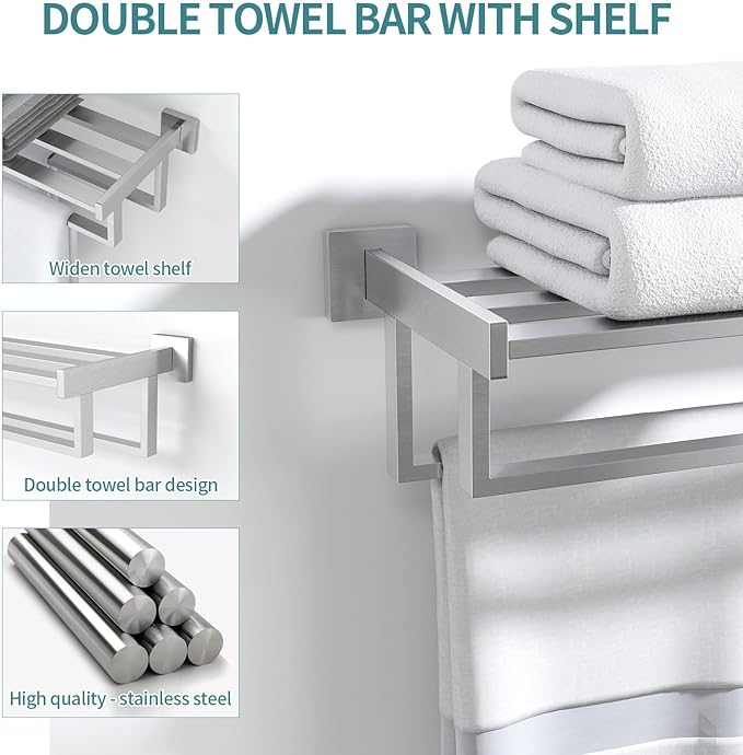 Double Towel Bar, 24 Inch Towel Racks for Bathroom Wall Mounted, Bathroom Towel Rack, Towel Rack with Shelf, Stainless Steel Hand Towel Hanger, Bath Towel Holder for Wall, Brushed Nickel