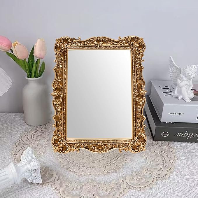 JANDERART Small Vintage Mirror 10x8 Inch, Antique Ornate Decorative Mirror for Desk & Wall, Vanity Mirror for Makeup Wall Decor, Gold