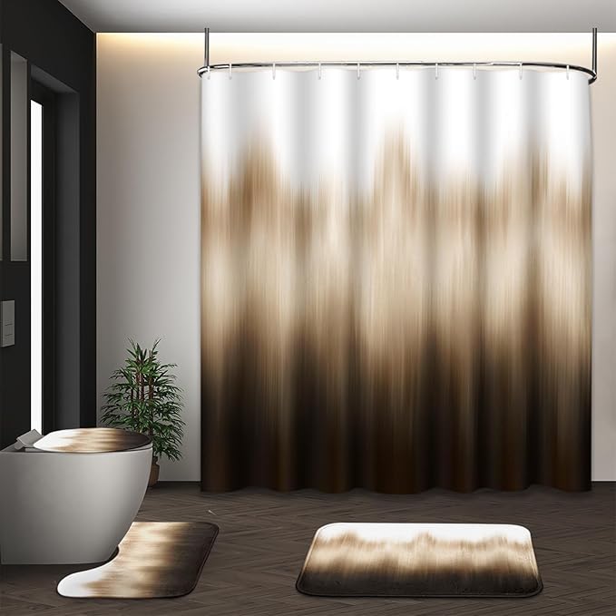 Brown Ombre Shower Curtain Set with Toilet Lid Cover and Non-Slip Rugs for Bathroom, Gradient Modern Simple Abstract Vintage 4 Pcs Shower Curtain, Bathroom Set with with 12 Hooks