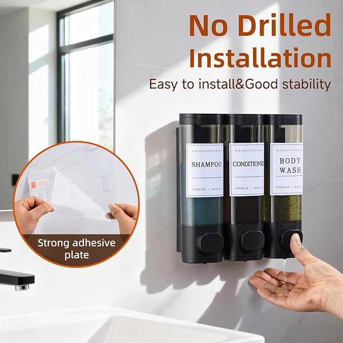 Shampoo and Conditioner Dispenser,Shower Soap Dispenser 3 Chamber No Drill Wall-Mounted for Bathroom & Hotel Leak-Proof Pumps, for Thick Liquids Like Conditioner - 1050ML High Capacity, Black