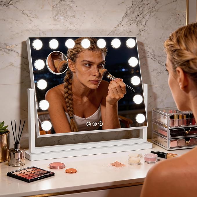 Vanity Mirror with Lights, 23"×17" Hollywood Makeup Mirror with 15 Dimmable Bulbs, 3-Color Lighting, Dimmable, 360° Rotation, 10x Magnification, Desk Mirror, Bedroom (White)
