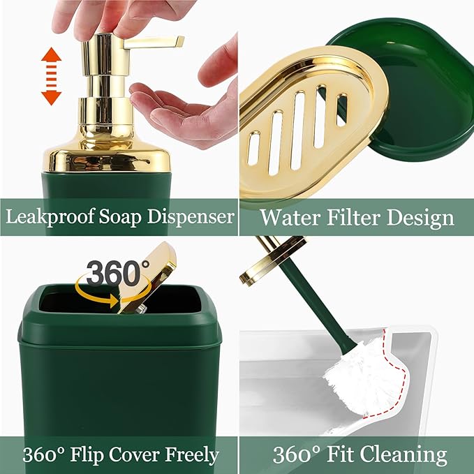 XLHOMO Bathroom Accessories Set, Green Bathroom Set, Dark Green Bathroom Accessory Set with Trash Can, Soap Dispenser, Soap Dish, Toothbrush Holder and Q-tip Holders