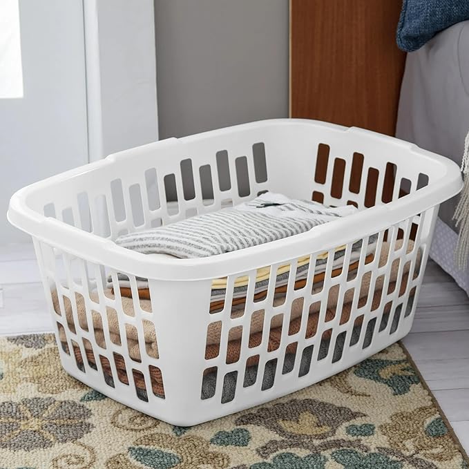 6 Pack 1.5 Bushel Rectangular Plastic Laundry Basket & Hamper - Ventilated Sides, Stackable & Portable with Comfort Grip Handles, Reinforced Rim for Laundry Room, Bedroom, Bathroom & Dorm, White