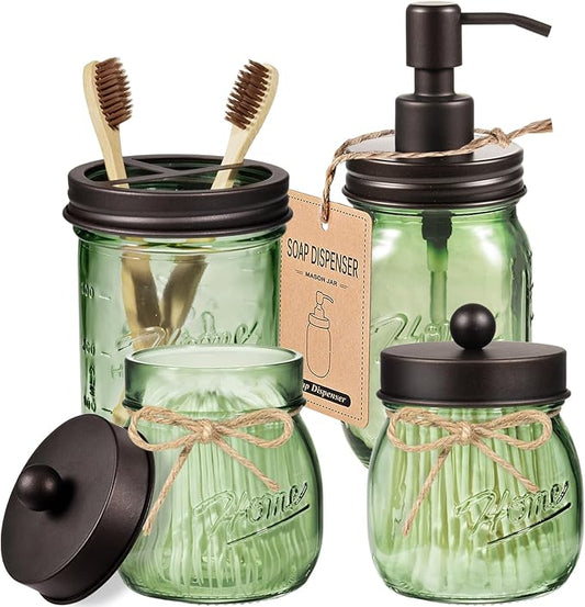 Amolliar Mason Jar Bathroom Accessories Set, 4 Pcs Green Glass Bathroom Set-Lotion Soap Dispenser, 2 Qtip Holders, Toothbrush Holder, Rustic Farmhouse Decor, Bathroom Home Decor For Countertop(Bronze)