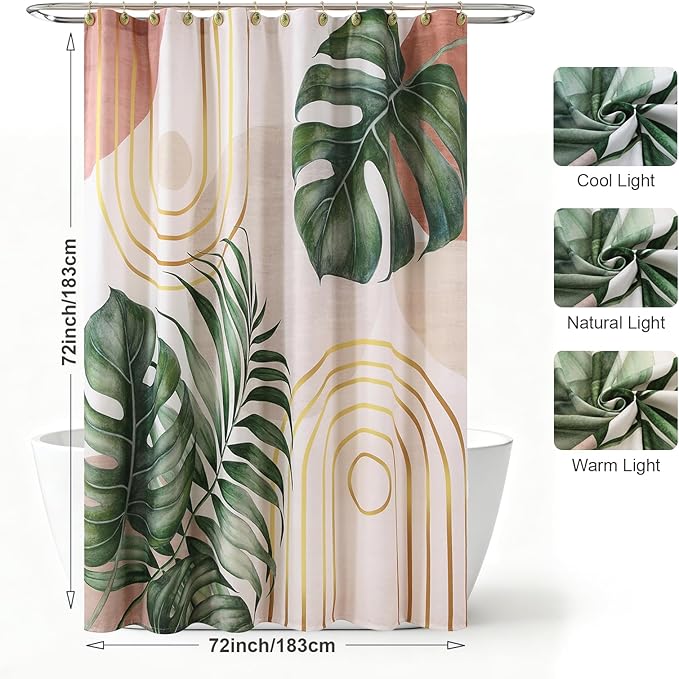 Green Tropical Leaf Shower Curtain, Sage Beige Gold Abstract Boho Mid Century Modern Shower Curtain, Waterproof Decorative Watercolor Monstera Palm Tree Plant Botanical Bathroom Curtains, 72"W x 72"H