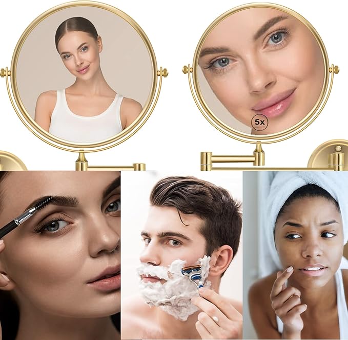 8 Inch Bathroom Makeup Mirror Wall Mounted Gold, 360 Swivel Vanity Mirror with Magnification, Extendable Arm, 1X/5X Two-Sided, Brass Material, Brushed Light Gold