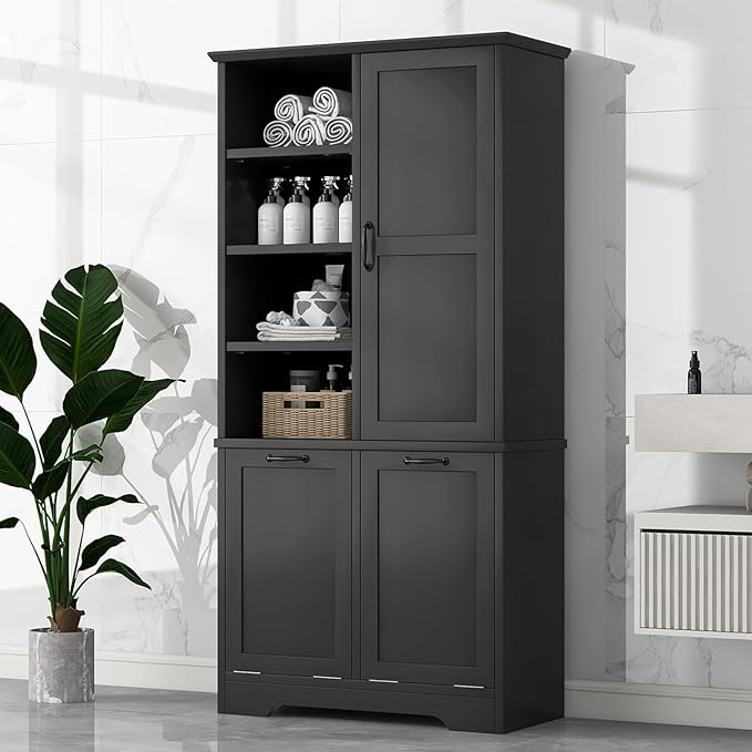Virubi Tall Laundry Cabinet with 2 Tilt Out Hamper, Wood Bathroom Storage Cabinet with Doors and Adjustable Shelves Freestanding (Black)
