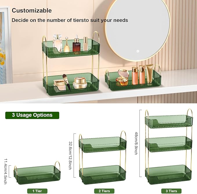 3-Tier Vintage Makeup Organizer Countertop for Vanity, Detachable Makeup Holder, Exquisite Ribbed Bathroom Counter Storage, Stackable Cosmetic Jewelry Perfume Skincare Green Shelf, Easy to Clean