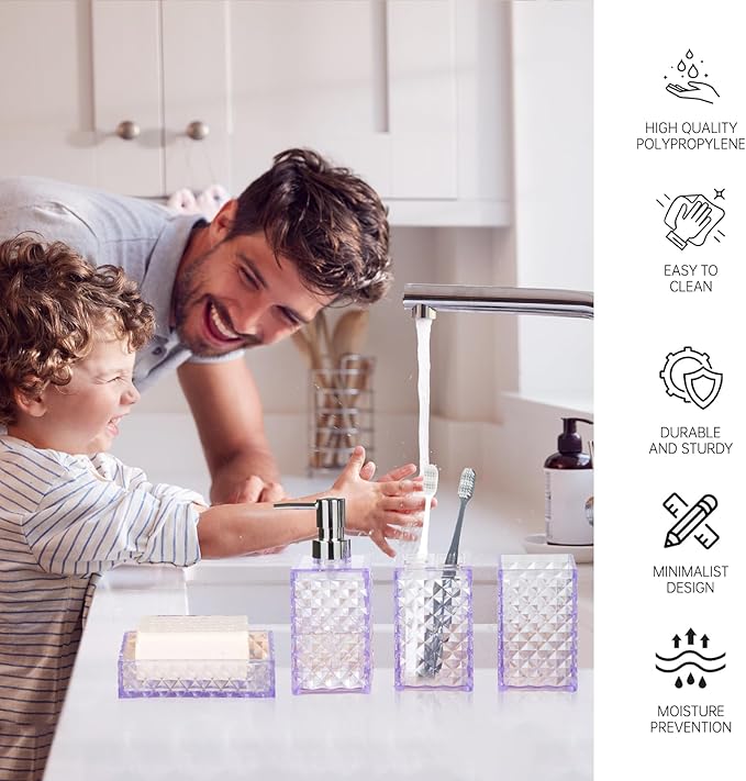 Bathroom Accessory Set, 4 Pcs Plastic Bathroom Set Include Soap Dispenser, Soap Dish, Toothbrush Holder, Mousewash Cup, Modern Bahtroom D??cor Set, Space Save for Bathroom(Light Purple)