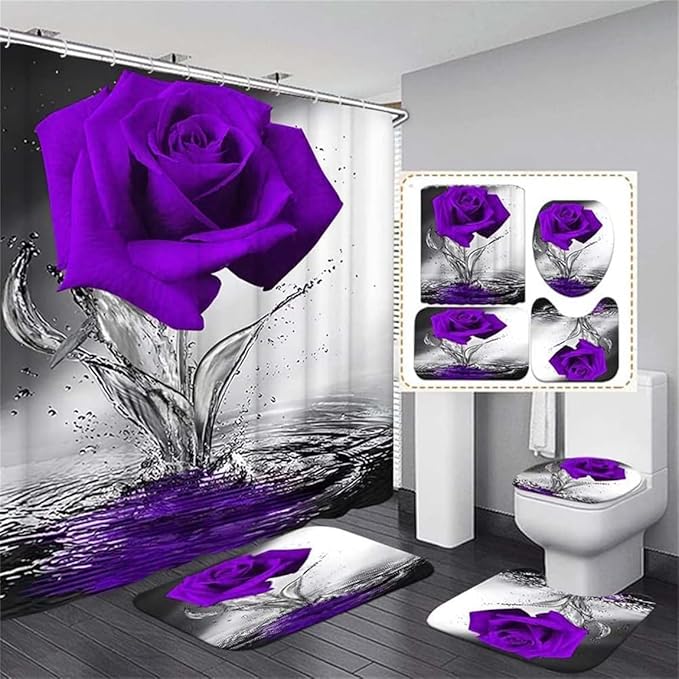 Purple Rose Bathroom Set with Shower Curtain and Non-Slip Rugs, Bath Mat, Toilet Lid Cover and 12 Strong Hooks, Modern Style