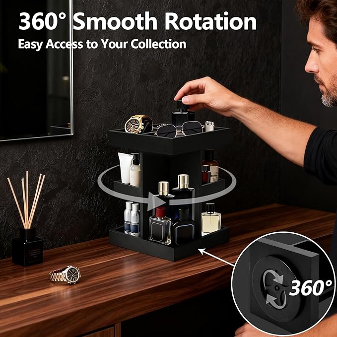 Cologne Organizer for Men, 3-Tier Rotating Perfume Stand - Large Capacity Wooden Display Shelf & Storage for Fragrance, Watch, Sunglasses - Modern Desk, Dresser Top, Bathroom Organizer - Birthday Anniversary Ideal Gift for Husband, Boyfriend, Father