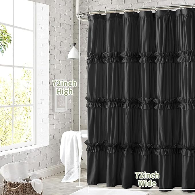 Farmhouse Ruffle Shower Curtain with Handmade Ruched, Vintage Ruffled Fabric Bathroom Curtains, Decorative Elegant Bathroom Curtain with 12 Holes, Black, 72" W x 72" H(N60049)