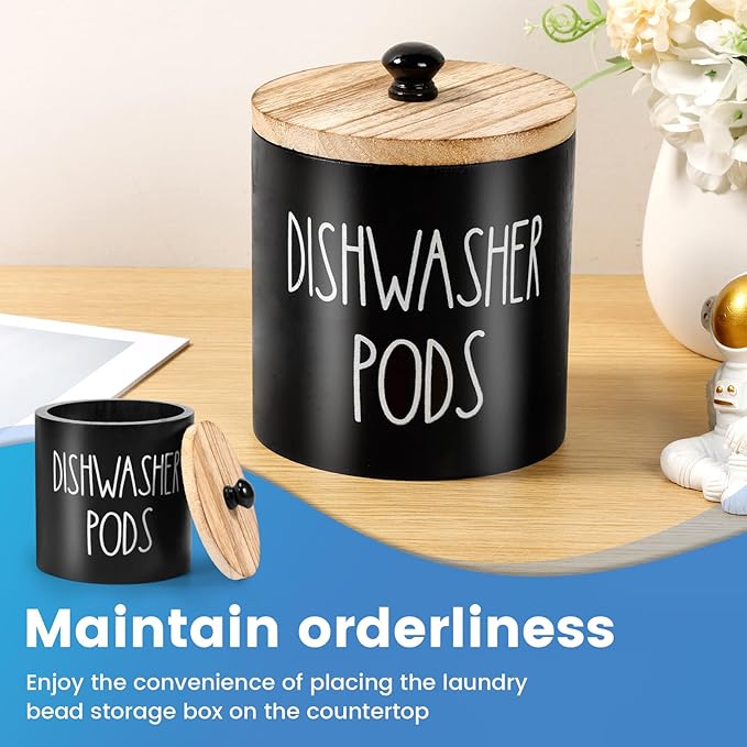 Round Dishwasher Pods Container, Wood Dishwasher Pod Holder with Lid for Kitchen Decor, Laundry Pod Container for Laundry Detergent Storage (Black)