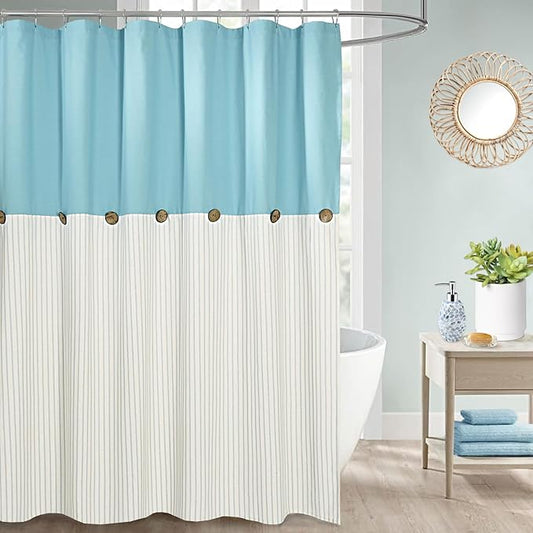 Farmhouse Teal Shower Curtain for Bathroom,Beige and Teal Stripe,Button Curtain,Cotton Blend Woven Fabric,Rustic Charm Country Chic Style,72x72 in