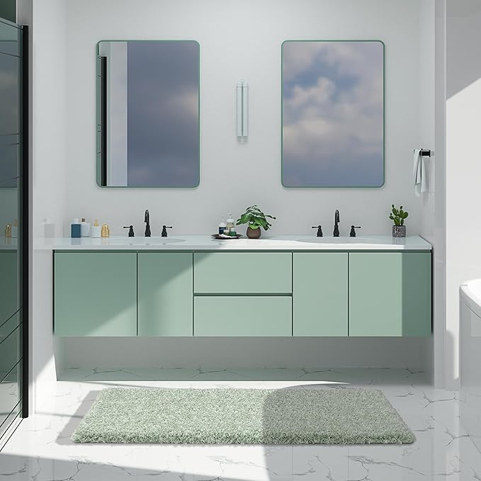 Yimobra Luxury Bathroom Rugs, Fluffy Bath Mats, Non Slip, Water Absorbent Microfiber, Machine Washable, Plush Runner Shower Rugs, Thick Matts for Bathroom Floor&Tub, 60"x 24", Light Green and White