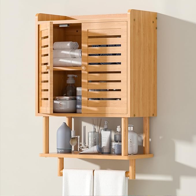 Bathroom Wall Cabinet, Over The Toilet Storage Cabinet with Adjustable Shelves, Medicine Cabinets with Towel Bar, Bamboo Wall Mounted Hanging Cabinet with 2 Door for Laundry Room, Bedroom
