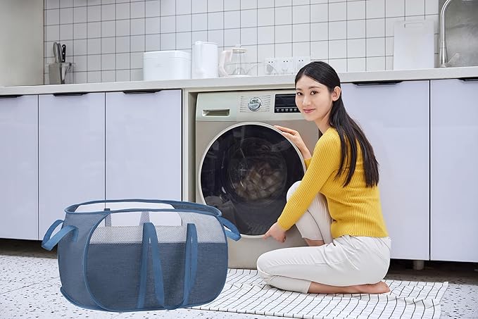 pop-up laundry basket???with Durable Handles collapsible Mesh laundry Hamper,Easy to Open and Fold,Premium Cationic Fabric?€? (Cationic blue)