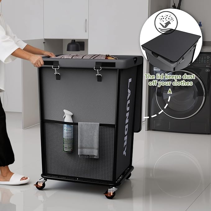 150L Laundry Basket with Wheels, Rolling Laundry Hamper with Cloth Cover, Laundry Cart with Metal Frame & Removable Bag, Large Dirty Clothes Hampers for Bedroom Aesthetic, Laundry Room Bathroom, Grey