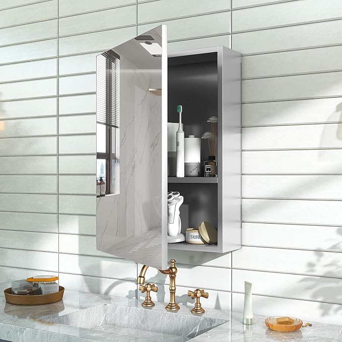 18x14 Inch Bathroom Medicine Cabinet with Mirror, Pre-Assembled Bathroom Medicine Cabinets, Surface/Recessed Wall Mounted Farmhouse Large Medicine Cabinet, Sliver
