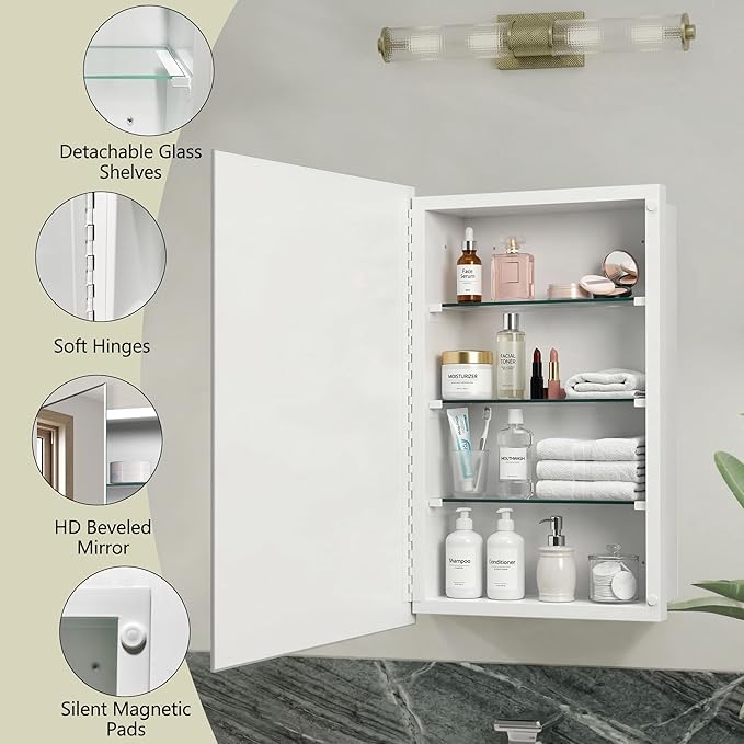 Bathroom Medicine Cabinet with Mirror, 22x30 Inch, Rectangular Frameless Beveled Mirror, Removable Glass Shelves, Recessed or Surface Mount Installation for Bathroom Bedroom