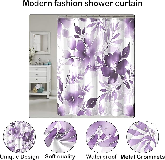 Floral Shower Curtain, Purple Watercolor Flower Shower Curtains for Bathroom, Modern Minimalist Waterproof Fabric Bath Decoration 72x72 Inch