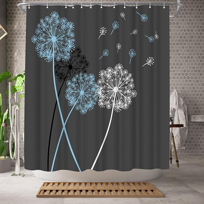 WELMECO Dandelion Shower Curtain Blue and Grey Grey Shower Curtain Bathroom Decor Polyester Fabric, 72x72inch