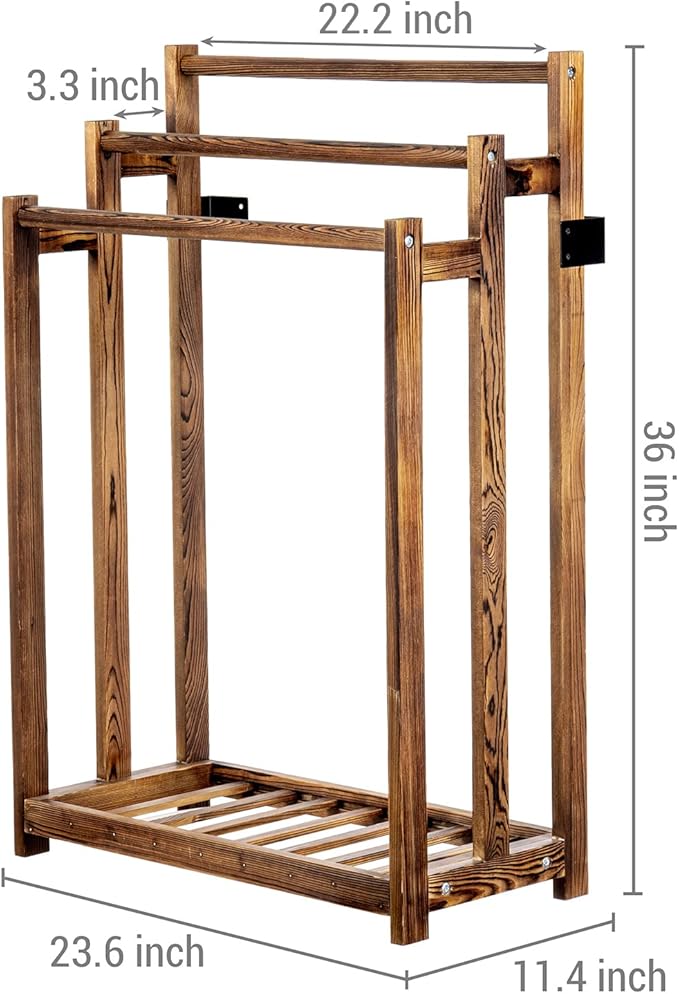 MyGift Free Standing Towel Rack, Wooden 3-Tier Quilt Rack, Bath Towel Drying Stand, Blanket Holder with Bottom Storage Shelf, for Bathroom, Living Room, Rustic Dark Brown