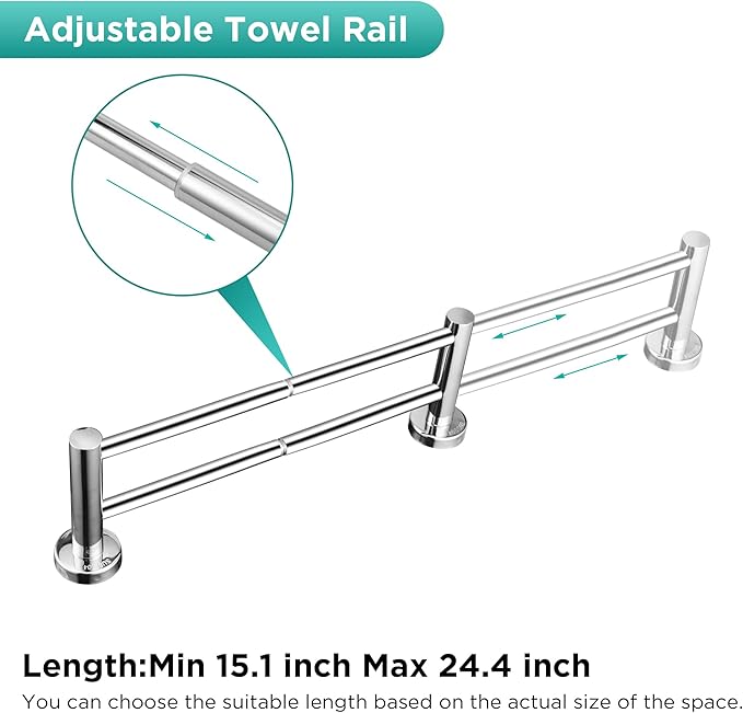 Retractable Towel Bar Flat Double Rod Bathroom Hand Towel Holder Stainless Steel Towel Rack Kitchen Towel Rail Adjustable from 15.1 to 24.4 Inch Wall Mounted Towel Rail with Screws | Polished Silver