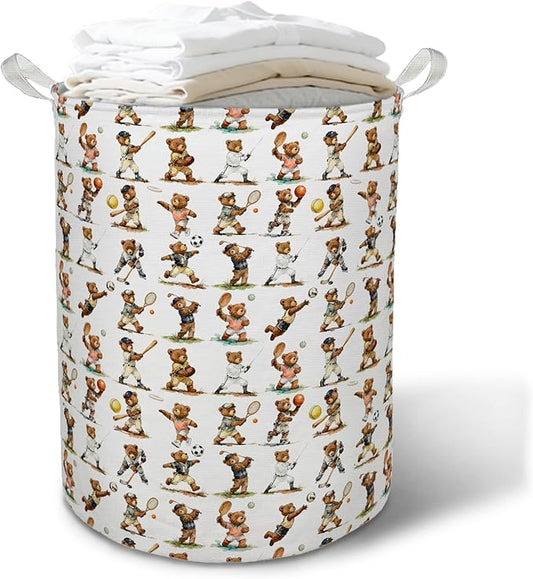 Sports Bear Nursery Laundry Basket Hamper, Sports Decor for Boys Bedroom, Cute Bear Player Foldable Clothes Toys Books Storage Box Bins Baskets Organizer for Kids Boys Room Playroom