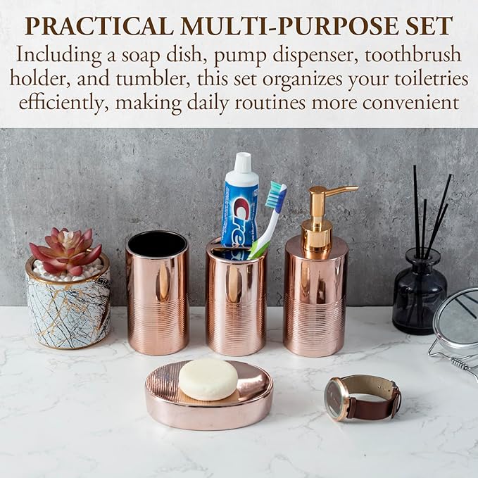 MyGift 4 Pcs Ceramic Bathroom Accessories Set, Toothbrush Holder with Lotion Soap Dispenser, Soap Dish, Tumbler, Pink Bathroom Set for Girl, Rose Gold Bathroom Decor