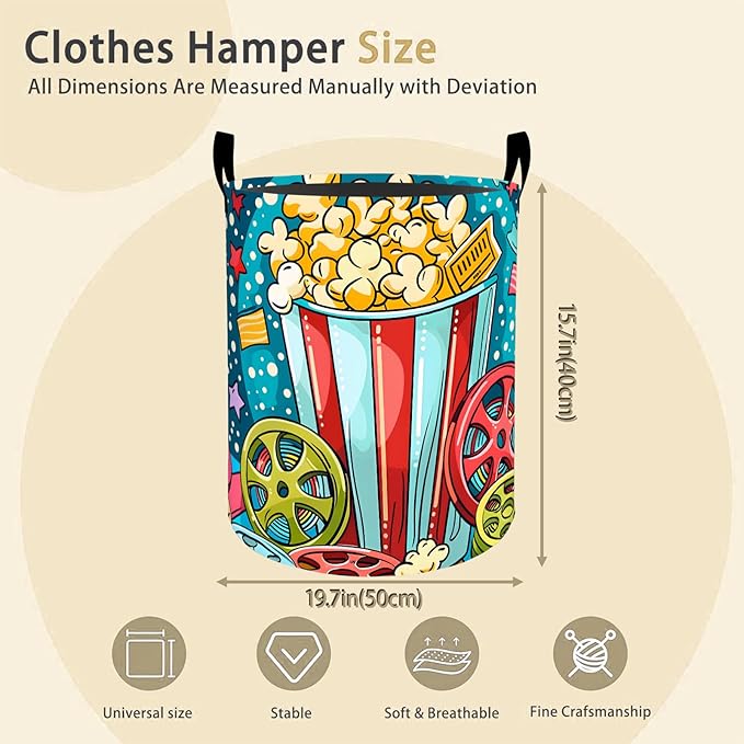 Popcorn Movie Night Laundry Basket Hamper for Boys Girls Kids Adults, Foldable Waterproof Oxford Clothes Storage Bin, Cinema Organizer for Bedroom Bathroom Room Decor 19.7"x15.8"