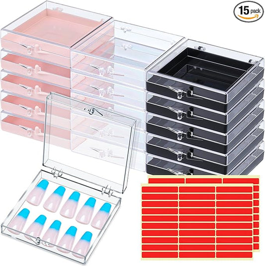 Landhoow 15 Pcs Press On Nail Boxes Nail Display Case with 30 Adhesive Tape, Artificial Press On Nail Container, Acrylic Storage Organizer(Clear, Black, Pink)