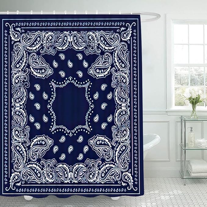 4 Piece Western Shower Curtain Waterproof White and Blue Geometric Line White Bandana Bathroom Sets with Non-Slip Rugs, Toilet Lid Cover and Bath Mat with Standard Size