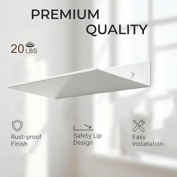 Z metnal Small Floating Shelves, No Drilling Mini Display Shelf for Phone Ceiling, Slim Narrow Lack Wall Shelf, Aluminum, Adhesive or Wall Mounted, White, 8 inch, 2 Pack