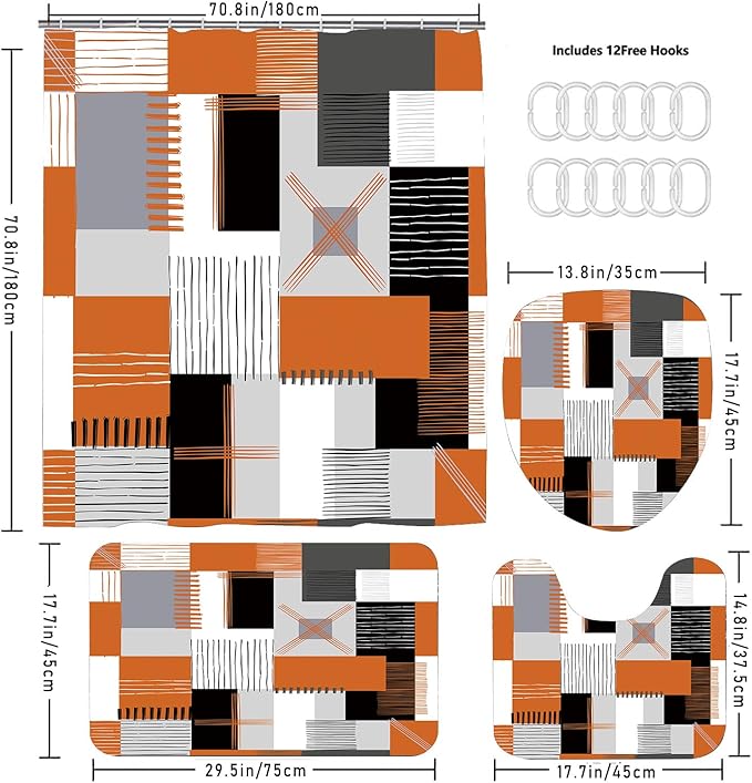 All Smiles Fall Shower Curtain Sets with Non-Slip Rugs,Toilet Lid Cover and Bath Mat, Black and Orange Bathroom Decor Set Accessories Waterproof Shower Curtains