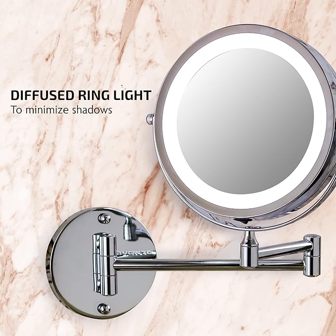 OVENTE Wall Mounted Lighted Makeup Mirror, 7" Double Sided 1X/7X Magnifying Vanity Mirror for Bathroom with LED Lights, Cordless, 360° Rotation and 13" Extendable Arm, Polished Chrome MFW70CH1X7X