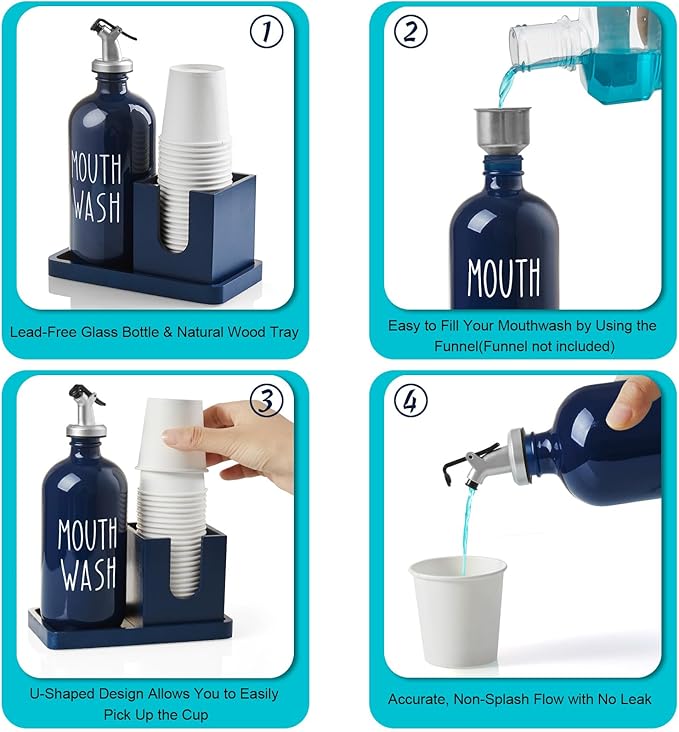 Glass Mouthwash Dispenser for Bathroom, 16 OZ Mouthwash Dispenser with Pour Spout and Wood Cup Holder and Tray, Mouth Wash Bottle Container, Farmhouse Kitchen Bathroom Decor and Accessories, Navy Blue