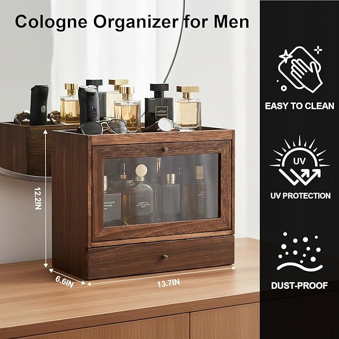 Cologne Organizer for Men,Nightstand Organizer,Cologne Shelf, Solid Wood Cologne Stand with Drawer Storage and Clear Window,Dresser Drawer Organizers,Perfume Stand Organizer,Brown