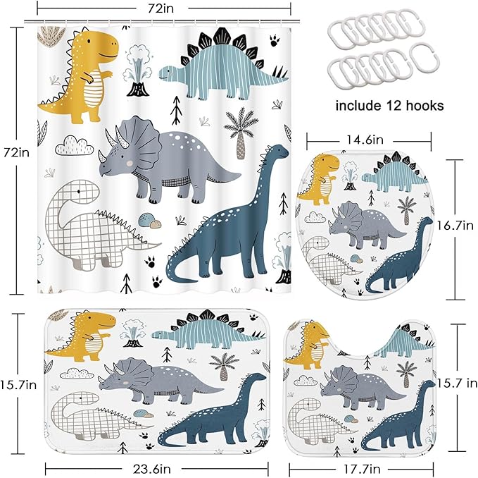 Britimes 4 Piece Shower Curtain Sets, Cartoon Dinosaur with Non-Slip Rugs, Toilet Lid Cover and Bath Mat, for Bathroom Decor Set, 72" x 72"