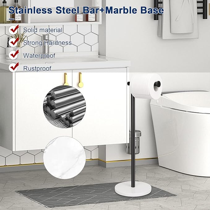 NearMoon Bath Toilet Paper Holder Stand- Modern Tissue Roll Holder Standing with Balanced Base, Rustproof Toilet Roll Holder for Bathroom/Kitchen Countertop (Matte Black, Marble Base)