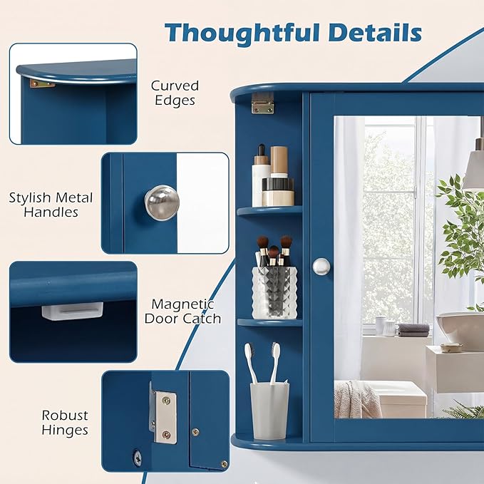 COSTWAY Medicine Cabinet with Mirror, Wall Mounted Bathroom Storage Cabinet with Mirror Door and Adjustable Shelves, Space-Saving Storage Organizer for Living Room Kitchen Entryway (Blue)