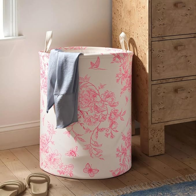 2Pcs Pink Bow Cute Girls Laundry Basket Floral Baby Nursery Hamper Adorable Room Decor Foldable Oxford Cloth Tote Clothes Storage Bucket Organizer For Bedroom Teen Girls Boy (Pink)
