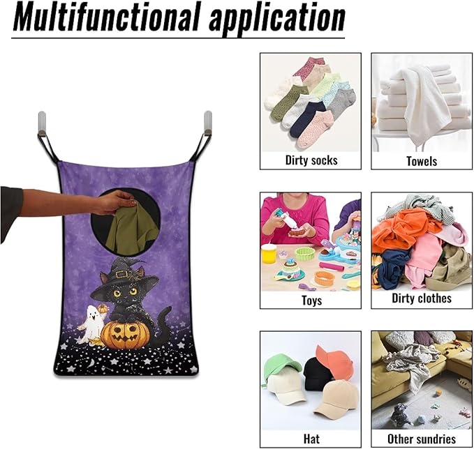 ZOUTAIRONG Hanging Hamper for Clothes Over the Door Laundry Hamper Laundry Basket Hanging Shelf Closet Storage Organizer Hamper Laundry Bag for Halloween, Black Cat Pumpkin