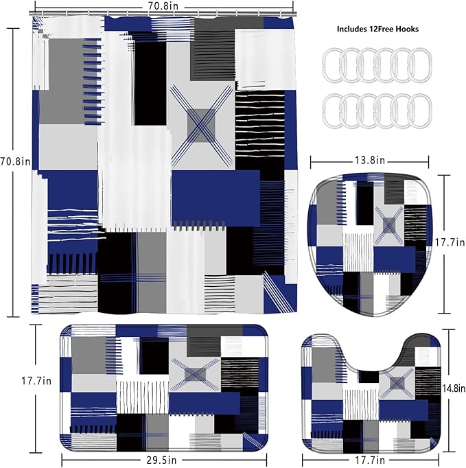 All Smiles Blue Shower Curtain Sets with Non-Slip Rugs,Toilet Lid Cover and Bath Mat, Black and Gray Bathroom Decor Set Accessories Waterproof Shower Curtains