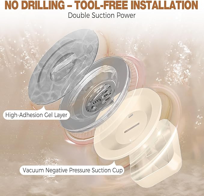 Lekesky Suction Cup Shower Caddy, No Drill Shower Shelves with a Towel Bar, Aluminum Rust Proof Bathroom Shower Organizer with 12 Hooks（2-Pack, Cream）