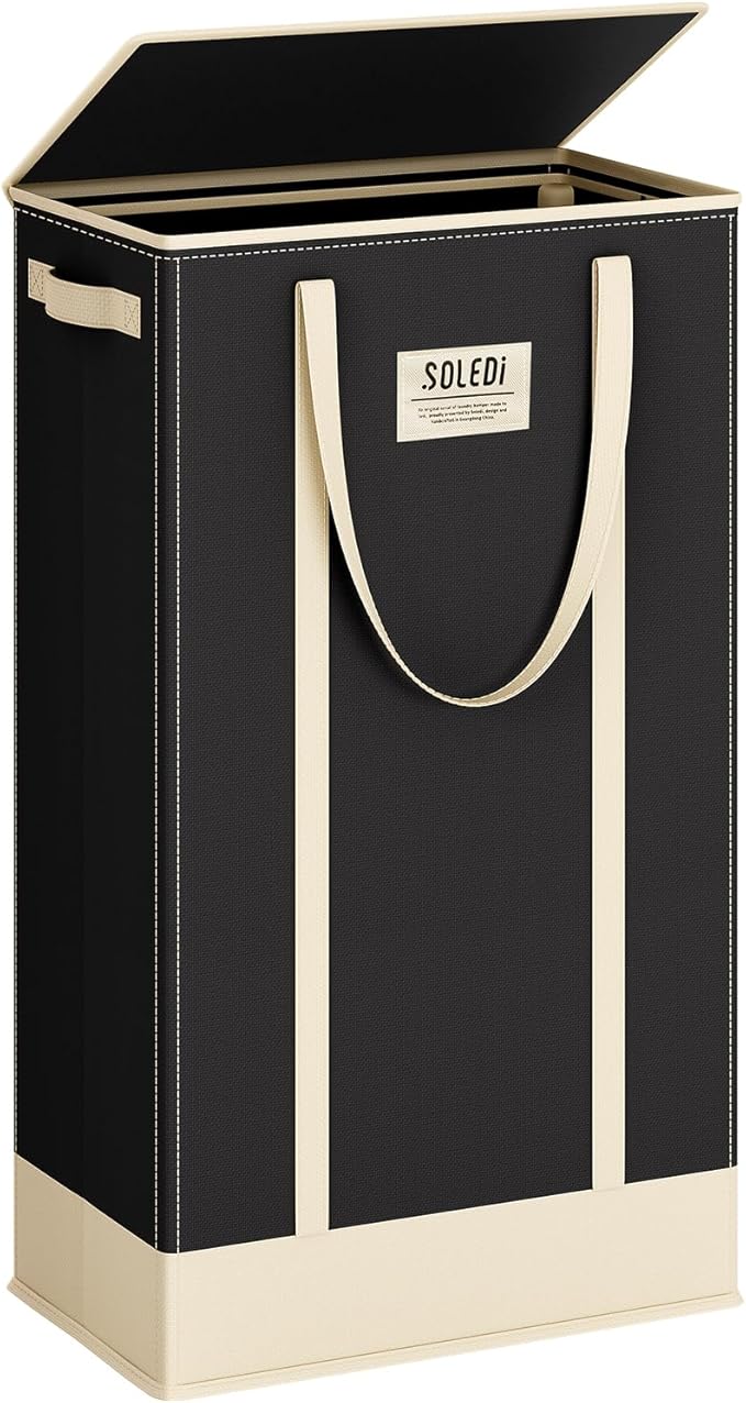 SOLEDI 75L Slim Laundry Basket with Lid,Collapsible Narrow Laundry Hamper with Handles,Tall Skinny Dirty Clothes Hamper for Laundry Room,Dorm,Bathroom,Bedroom,and Small Spaces, 75L Black